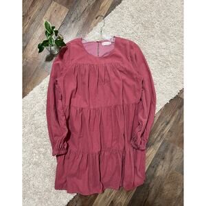 Altar'd State Size Medium Pink Corduroy Long Sleeve Tiered Keyhole Mini Dress